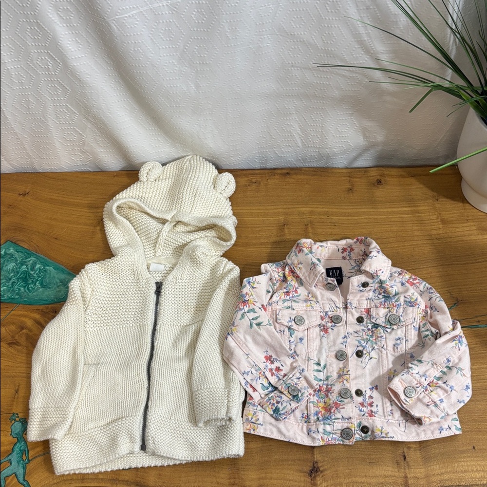 Baby Gap Pink Floral Denim Jacket and cream knit hoodie bundle